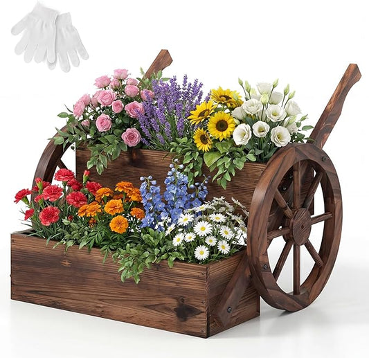 Giantex Wooden Wagon Planter Box, Rustic Garden Planter with Wheels, Handles & Drainage Holes for Flowers Herbs Vegetables, Indoor Outdoor Decorative Flower Cart for Patio Balcony (1)