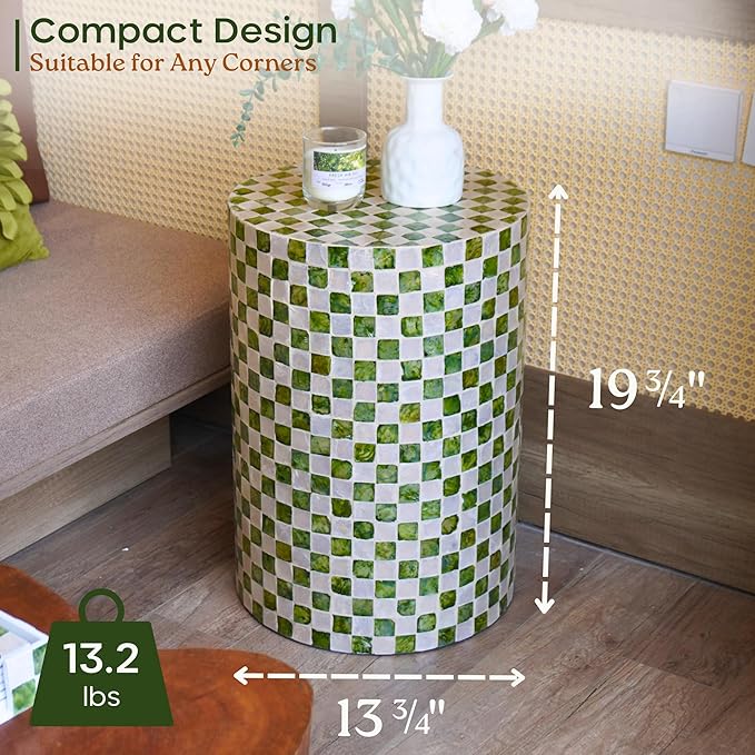 19.7” Checkered Capiz Shells Drum End Table, Decorative Cylinder Side Table & Garden Stool, Round Pedestal Accent Table for Living Room, Bedroom, Indoor & Outdoor (Pistachio Green)