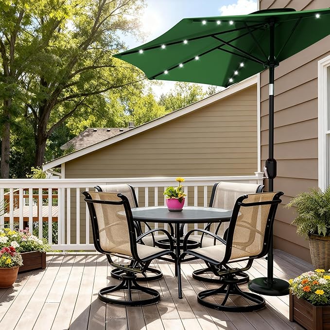 Garvee Patio Umbrella 9FT - Half Umbrella Outdoor with Solar LED Lights and Smooth Crank Lift, Outdoor Shade Canopy for Patio, Backyard, Garden, Deck, Balcony -Dark Green