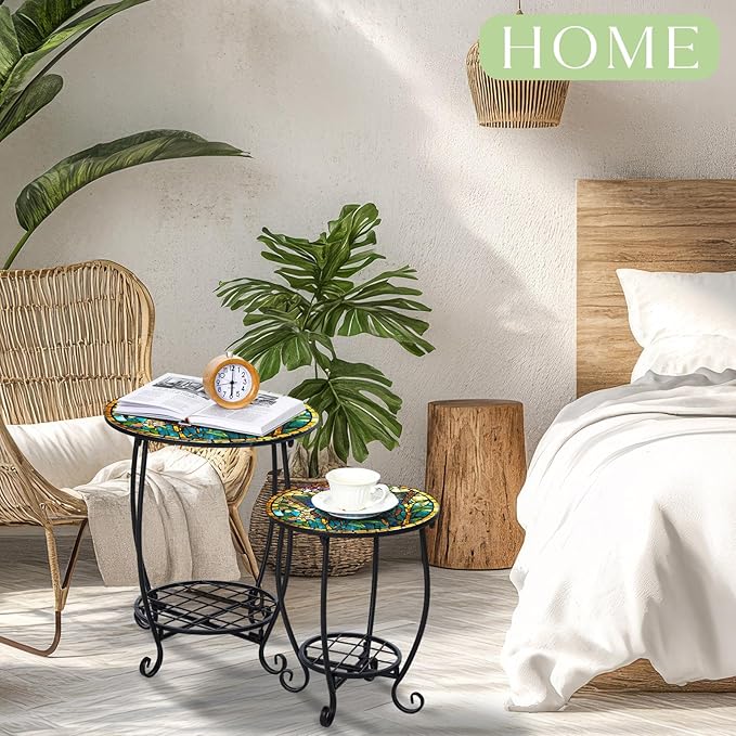 2 Pcs Outdoor Side Table Small Patio Round Mosaic Accent Indoor End Table Plant Metal Coffee Tea Tables for Patio Yard Porch Garden Living Room(12" and 16",Butterfly Style)
