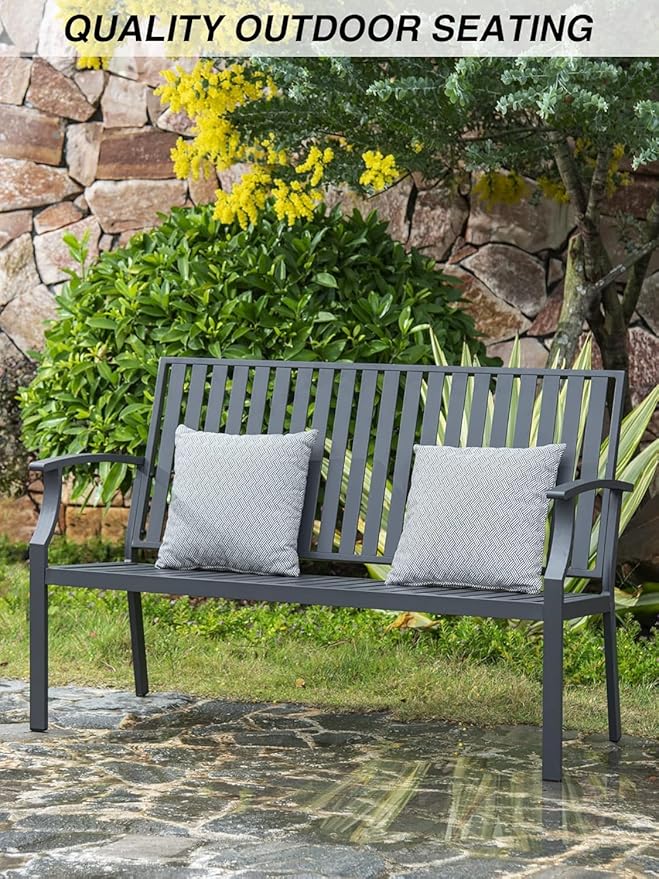 52" Outdoor Bench Garden Bench, Weatherproof Anti-Rust Heavy-Duty Outside Benches Clearance, Aluminum Metal Bench for Front Porch, Patio, Park (Dark Grey)