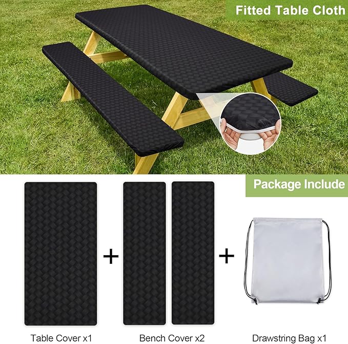 Picnic Table Cover with Bench Covers Camping Essentials Waterproof Windproof Camping Tablecloth with Drawstring Bag, Fitted Rectangle Tables and Seats, 96in, Black
