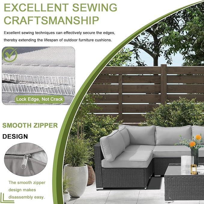 14Piece Outdoor Sofa Cushion Replacement Patio Furniture Waterproof Cushion with Zippers fit 6-Seat Outdoor Wicker Rattan Sectional Couch (Light Gray, 25.6"x25.6"x3.9")