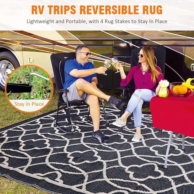 Pendolr Reversible Mats - Outdoor Rugs 9'x12' for Patios Clearance, Plastic Straw Rugs Waterproof, Portable, Outdoor RV Camping Rug, Garden, Balcony, Picnic, Beach, Camping(Black & Beige)