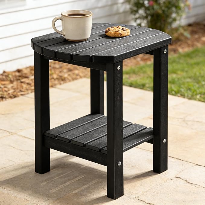 PASAMIC 2-Tier Adirondack Oval Outdoor Side Table, HDPE Small Outdoor Table, Patio End Table for Patio, Backyard, Weather-Resistant (Black)