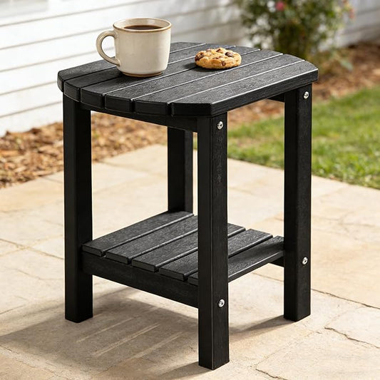 PASAMIC 2-Tier Adirondack Oval Outdoor Side Table, HDPE Small Outdoor Table, Patio End Table for Patio, Backyard, Weather-Resistant (Black)