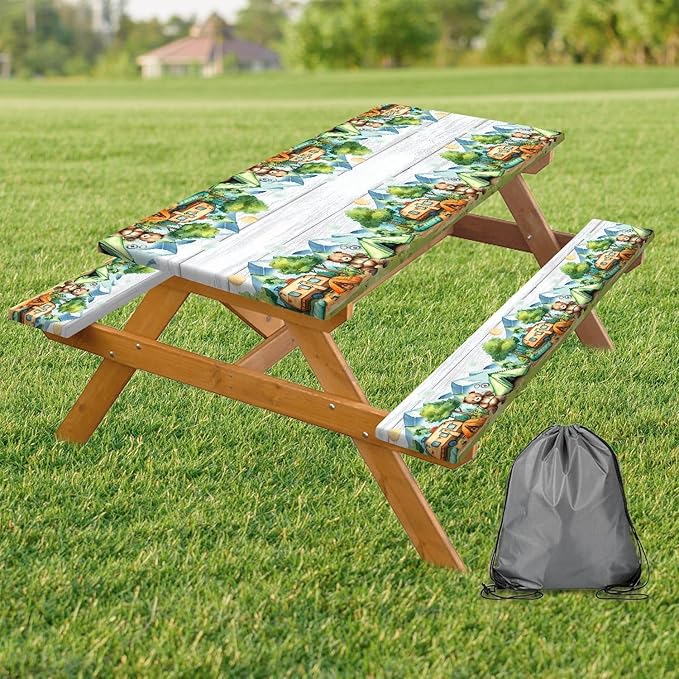 3PCS Picnic Table Cover with Bench Cover Wooden Forest Bear Camping Tablecloth Fitted Picnic Table Cover with Elastic Windproof Waterproof, Outdoor & Garden Camping Accessoriess 96IN