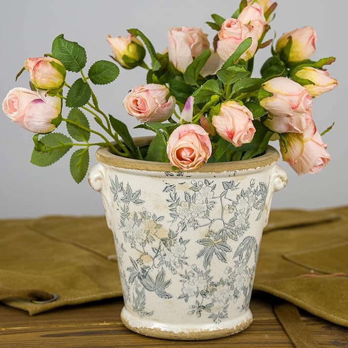 Vintage Ceramic Flower Pot with Drainage Holes and Handle,Ice Crack Country Rustic Planters for Indoor Outdoor,Tuscan Decor,Home and Garden Decor,Gardening Present