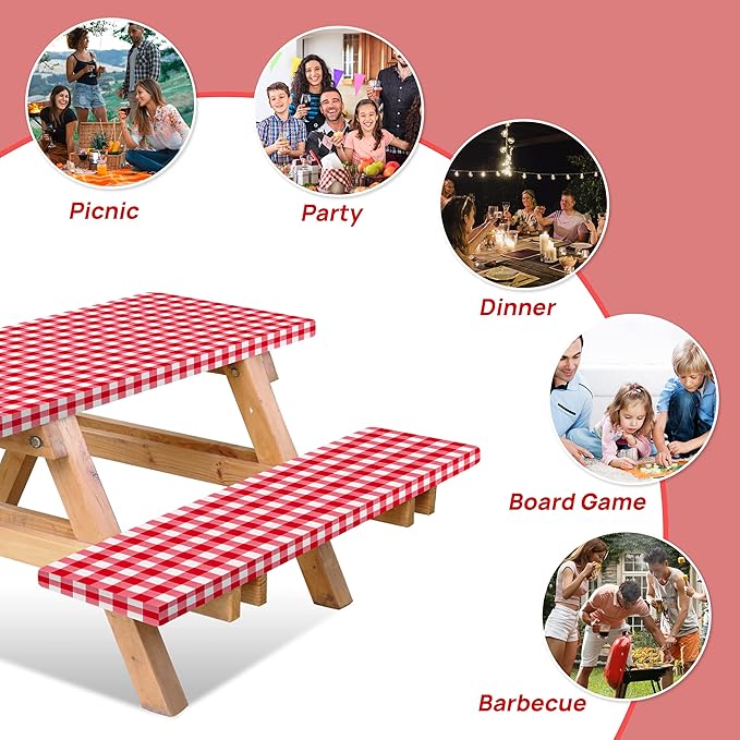 RNOONY Vinyl Fitted Picnic Table Cover with Bench Covers and Bag,8ft Outdoor Waterproof Picnic Tablecloth with Elastic Edges, 96x30 Inches 3 Pcs Set (Red Checkered)
