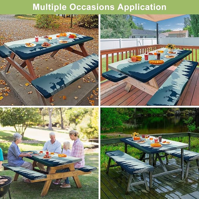 Picnic Table Cover with Bench Covers 6FT 3 Pcs Waterproof Windproof Aesthetic Camping Tablecloth with Drawstring Bag, Fitted for 6 Foot Rectangle Tables and Seats, 72 inch, Blue Deer Forest
