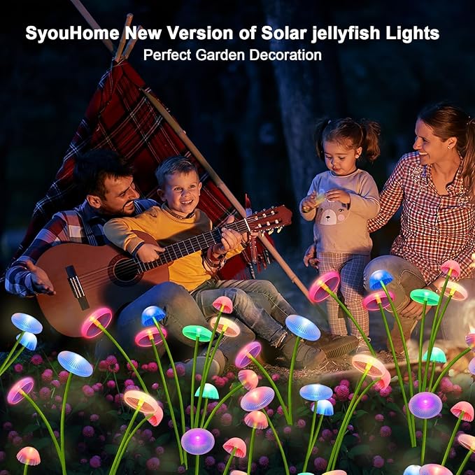 4 Pack Solar Garden Lights, 32 LEDs Swaying Mushroom Lights with 8 Lighting Modes, IP65 Waterproof Outdoor Decor for Garden, Yard, Patio, Pathway (Multicolor)