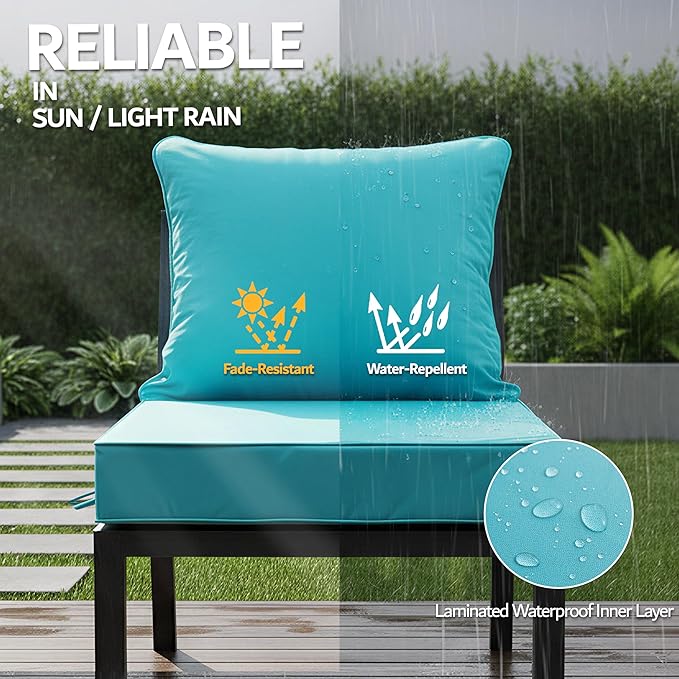 19x19 Inch Patio Chair Cushions Set of 2, Outdoor Furniture Cushions - Removable Cover, Water-Repellent, Fade-Resistant, Non-Slip Bottom & Straps, Replacement for Lawn, Porch & Deck Chair - Teal