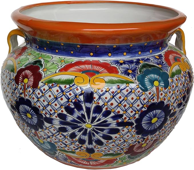 Indoors/Outdoors Large-Sized Cherato Mexican Colors Talavera Ceramic Garden Pot, Multicolor, Size: 17inch Overall Diameter x 13.5inch Height.