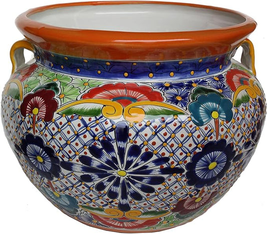 Indoors/Outdoors Large-Sized Cherato Mexican Colors Talavera Ceramic Garden Pot, Multicolor, Size: 17inch Overall Diameter x 13.5inch Height.