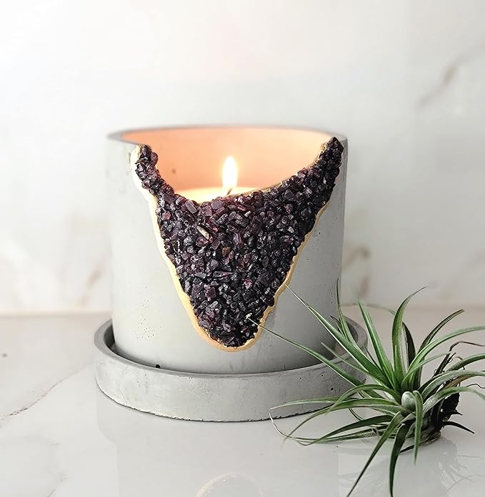 4 Inch Crystal Plant Pot with Saucer - Cement Geode Planter - Concrete Pots for Plants - Modern Succulent Pot Indoor - Unique Air Plant Holder - Candle Holder - Small Plant Home Decor (Red Garnet)