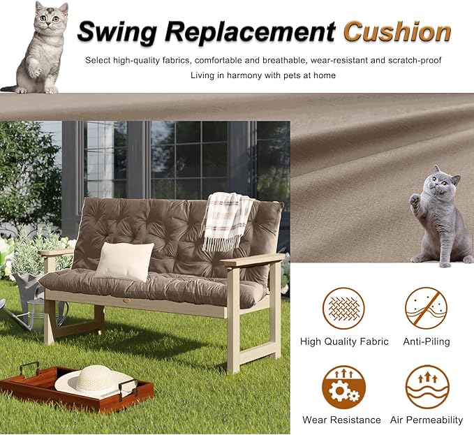 2-3 Seat Swing Replacement Cushion, Outdoor Bench Cushions with Backrest Thicken 4", Patio Furniture Garden Porch Loveseat Glider Pad Anti-Fading Waterproof (Khaki, 40x60in)