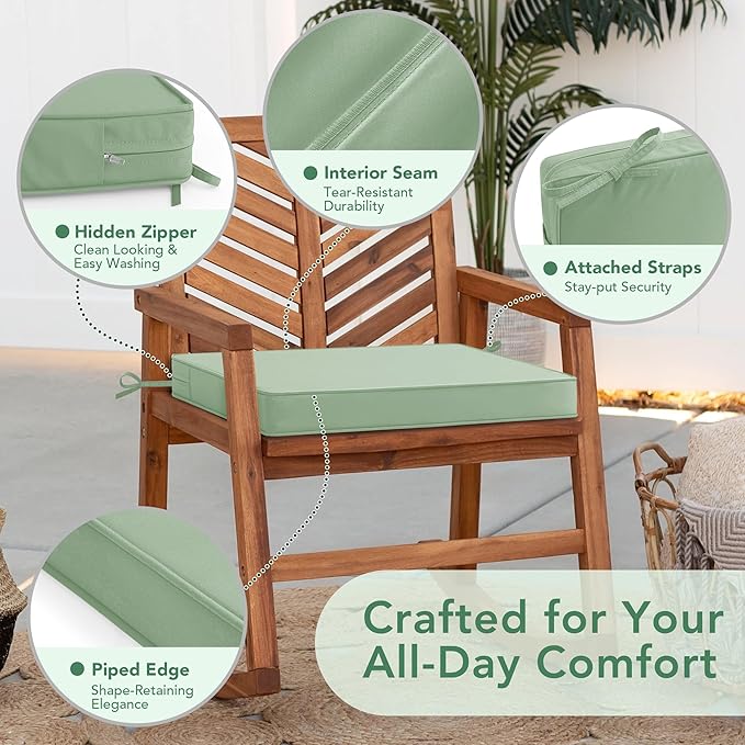 Outdoor Chair Cushions Set of 4: Waterproof & Color Fastness Seat Cushion for Patio Furniture - 22 x 22 x 3 Inch Chair Pads with Ties and Hidden Zipper - Patio Chair Cushion Replacement, Sage Green