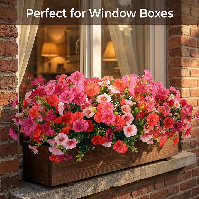 12Pcs Artificial Outdoor Flowers for Outdoors, Faux Silk Realistic Morning Glory Floral Arrangement Planter UV Resistant for Porch Patio Window Box Balcony Garden Decor (12pcs Mixed Pink)