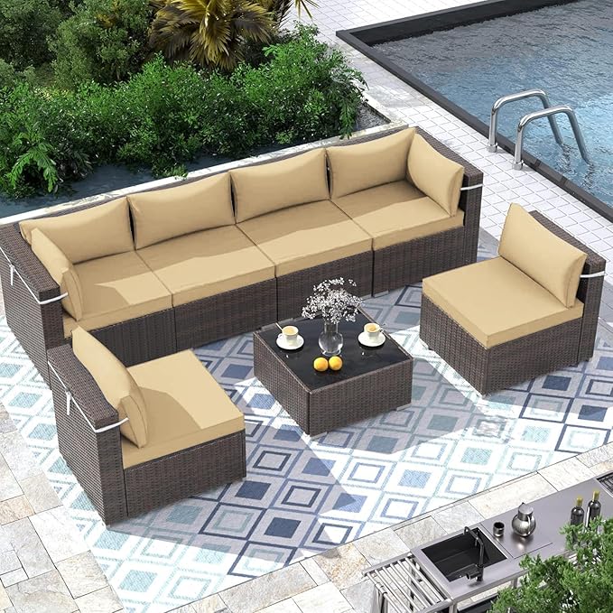 Outdoor Sectional Cushions Replacement Set, 26x26in Patio Furniture Cushions, 14 Pieces Waterproof Outdoor Couch Cushion for 6 Seat Wicker Conversation (Beige)