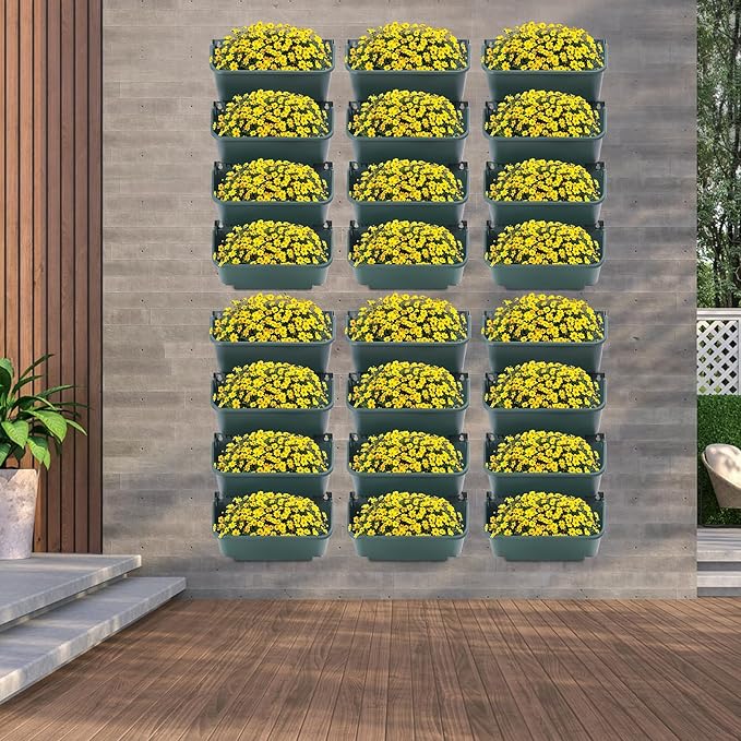 Eapmic Vertical Wall Planter with 24 Pots, Hanging Garden Plant Flowerpot Holder, Stackable Wall-Mounted Planter, Balcony Planters for Flowers Vegetables Fruits (Army Green, 24 Pots)