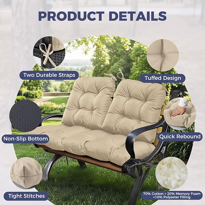 Wicker Chair Cushions of 3 Pieces, Waterproof Cushions for Patio Furniture, Tufted Wicker Outdoor Furniture Cushions, 1 Patio Loveseat Cushion and 2 U-Shaped Cushions, 44"x19"x5", Beige