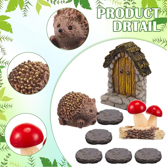 Bucherry 8 Pcs Fairy Garden Decor Including Tiny Circular Arch Door, Hedgehogs & Wood Mushroom Sculpture, Stone Path Road Fairy Wild Garden Supplies Terrarium Miniature DIY Accessories