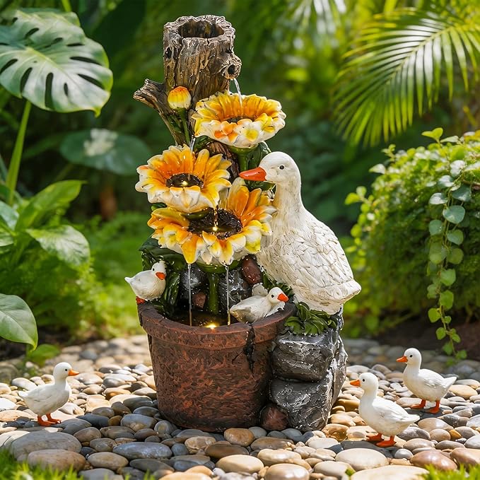 19" Water Fountain Indoor Outdoor, 4-Tier Sunflower & Duck Design with LED Lights and Cascading Waterfalls, Rustic Decor for Garden, Yard, Patio, Flowerbed & Farmhouse