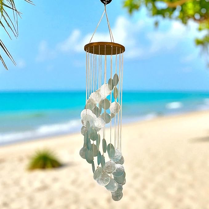 Top Brass Capiz Shell Spiral Wind Chime – 30” Tall Coastal-Inspired Outdoor & Indoor Hanging Chime with Stainless Hanging Ring – Relaxing Breezy Sound for Patio, Porch, Garden Décor