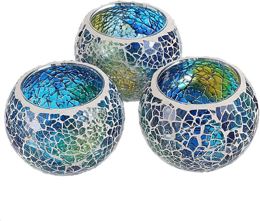 OwnMy Set of 3 Blue Mosaic Glass Tea Light Holders Round Bowl Votive Candle Holders Pillar Candle Stands, Glass Mosaic Tealight Holders Potted Plant Bowl Vase Candle Centerpiece for Table Wedding