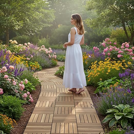 Acacia Wood Flooring Interlocking Deck Tiles for Patio Decor 9 Pcs 12 Slats VR White Oak - Waterproof Indoor & Outdoor Decor - Balcony Garden Decking Tile (12.2 * 12.2 * 0.7 inches)