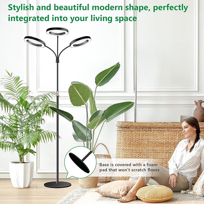 Grow Lights for Indoor Plants, 3 Head Full Spectrum Plant Light with 68" Adjustable Stand for Growing Large Tall Plants, Black Halo Floor LED Grow Lamp with 16 Hour Timer