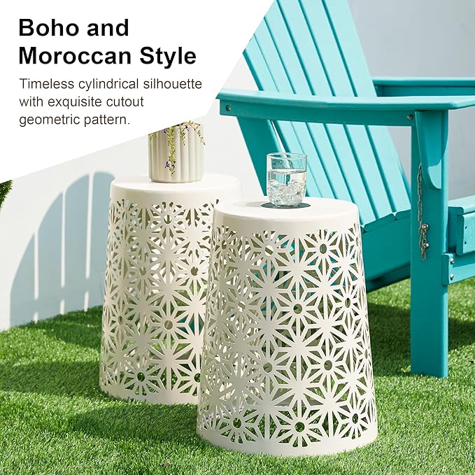 Glitzhome Ourdoor Side Table Set of 2,Solar Iron Cutout Geometric Pattern Decorative Garden Stool Planter Stand,Accent Table or Lantern for Patio Poolside Party Yard,White