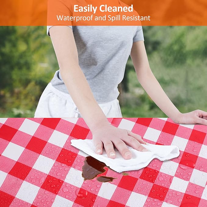 KENOBEE 8ft Picnic Table and Bench Cover, Camping Essentials RV Gear, 96 in Waterproof Windproof Outdoor Elastic All Around Tablecloth, Fitted Rectangle Tables and Seats, Red-White Checkered