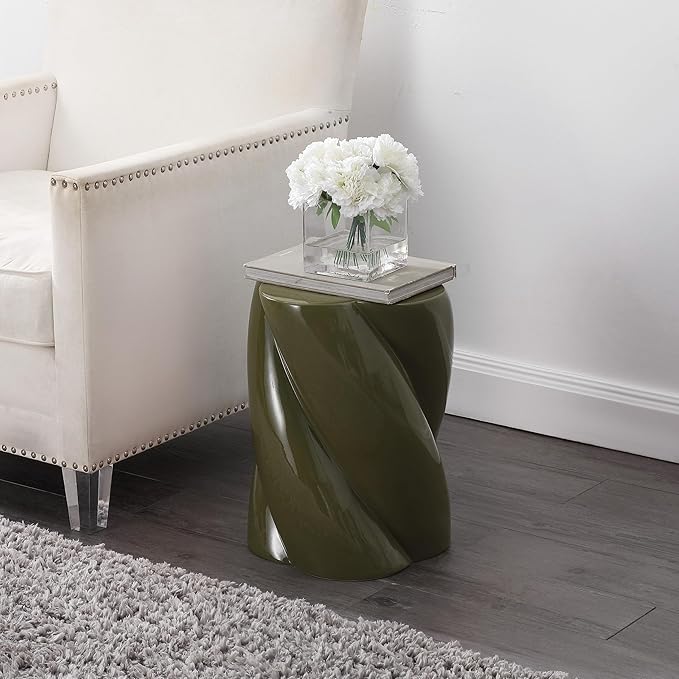 JONATHAN Y TBL1036D Yves 18" Modern Minimalist Rope Twist Ceramic Indoor/Outdoor Garden Stool, Bohemian, Coastal, Cottage, Traditional, Spill-Proof, Living Room, Garden Room, Patio, Forest Green