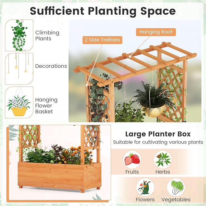 S AFSTAR 72 Inch Raised Garden Bed with Arch Trellis, Hanging Roof & Drainage Holes, 2 Pieces Vertical Plant Container for Vine Climbing Plant Flower, Outdoor Wood Elevated Planter Box for Garden