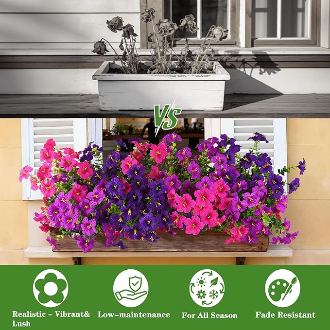 Artificial Fake Petunias Flowers for Outdoors Spring Decoration, 12 Bundles Faux Flower Plants UV Resistant Realistic Silk Flower for Outside Planters Patio Porch Yard Window Box (3 Mix Colors)