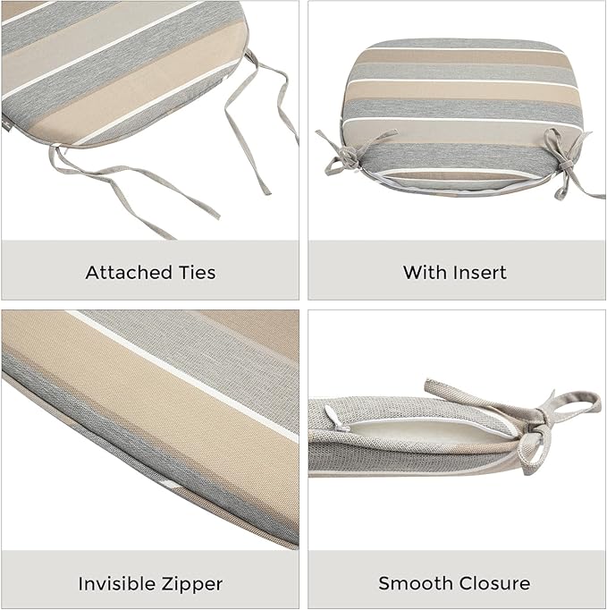 Outdoor Chair Cushions Set of 2,Patio Seat Cushion 17"x16"x2",U-Shaped Dining Chair Cushion 17 by 16 Inch,Water Resistant,Fade-Resistant Chair Pads for Kitchen Garden Furniture(Gray Stripe)
