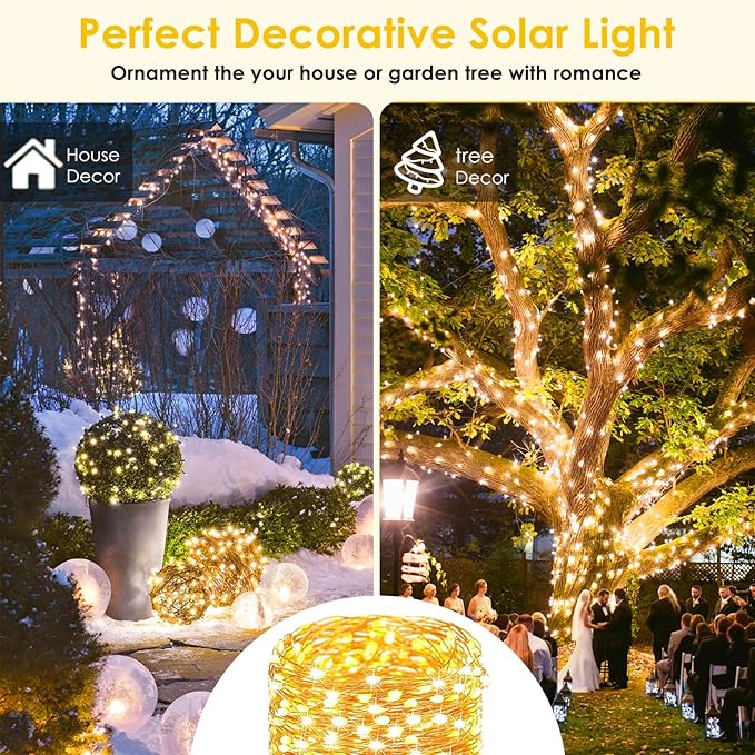 2-Pack Solar String Lights for Outside, Total 200LED Solar Fairy Lights Waterproof, Outdoor Twinkle Lights Copper Wire 8 Modes Solar Powered Lights for Xmas Tree Garden Party Wedding Decor(Warm White)