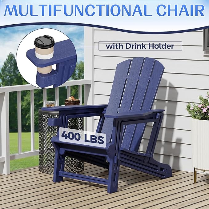 Adirondack Chair, All Weather Plastic Adirondack Chairs, Fire Pit Chairs with Cup Holder, Outdoor Lawn Chair for Patio, Garden, Backyard, Navy Blue