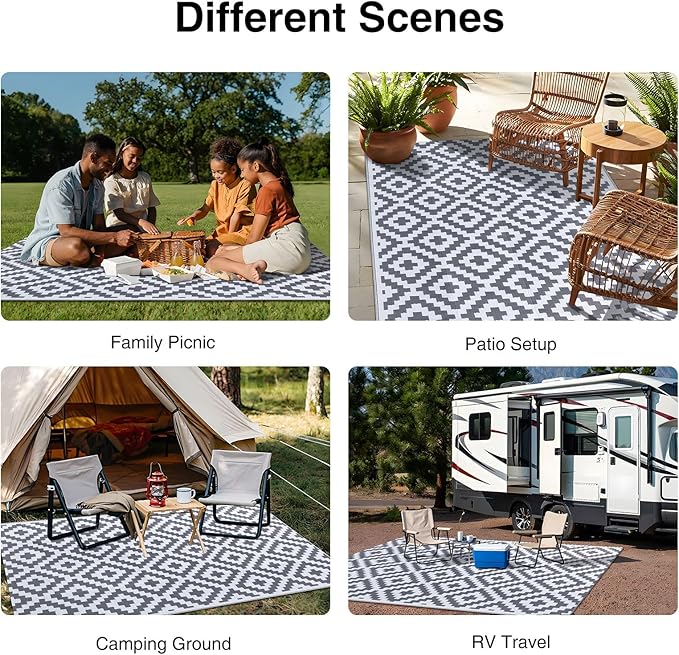 OLANLY Waterproof Outdoor Rug 4x6 ft, Outdoor Plastic Straw Rug for Camping, RV Mat Outside, Outdoor Carpet for Porch, Deck, Backyard, Balcony, Picnic, Grey & White