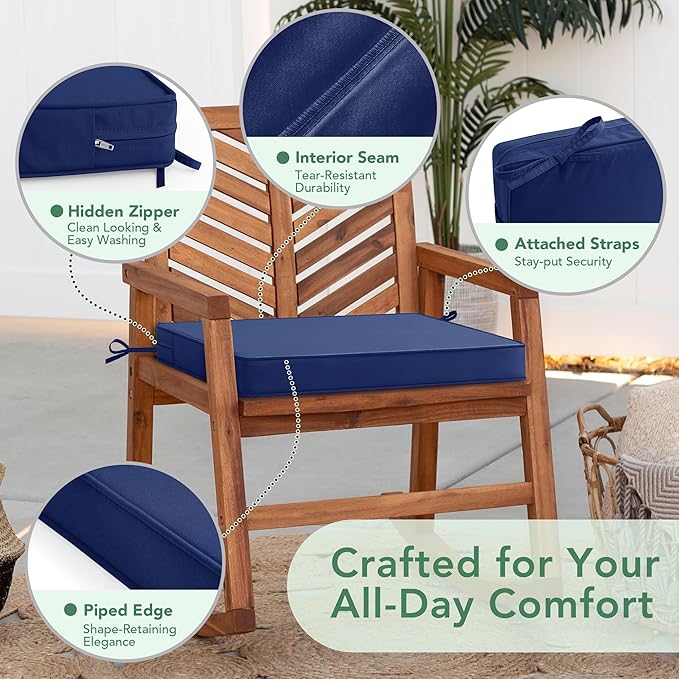 Outdoor Chair Cushions Set of 2: Waterproof & Fade Resistant Seat Cushion for Patio Furniture - 18.5 x 16 x 2 Inch Chair Pads with Ties and Hidden Zipper - Patio Chair Cushion Replacement, Navy