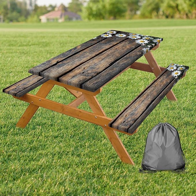 Picnic Table Cover with Bench Cover, Outdoor Patio Camping Essentials Farmhouse Daisy Table Covers with Elastic Waterproof Camping Tablecloth with Drawstring Bag, 96In 3PCS