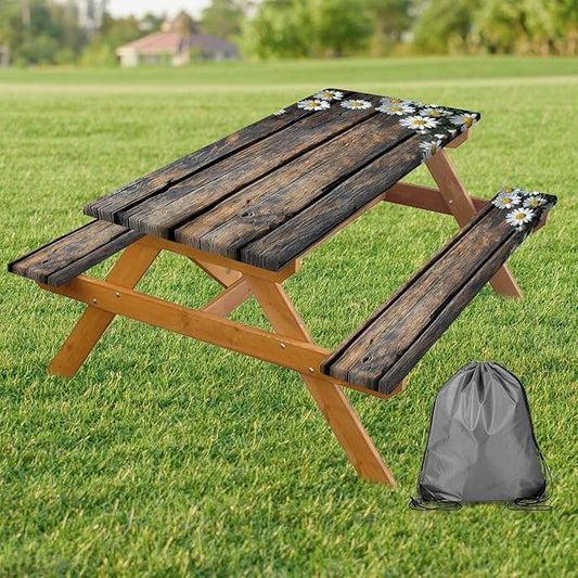 Picnic Table Cover with Bench Cover, Outdoor Patio Camping Essentials Farmhouse Daisy Table Covers with Elastic Waterproof Camping Tablecloth with Drawstring Bag, 60In 3PCS