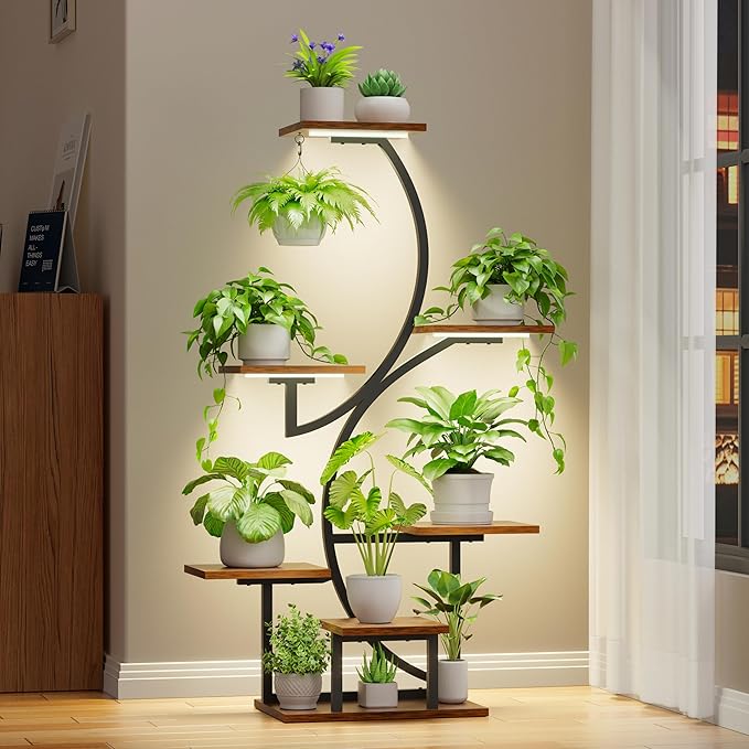 Plant Stand Indoor with Grow Lights, 7 Tiered Plant Shelf Indoor, 44" Corner Plant Stands for Indoor Plants, Tall Plant Flower Display Shelf, S-Shaped Plant Rack for Home, Living Room, Black