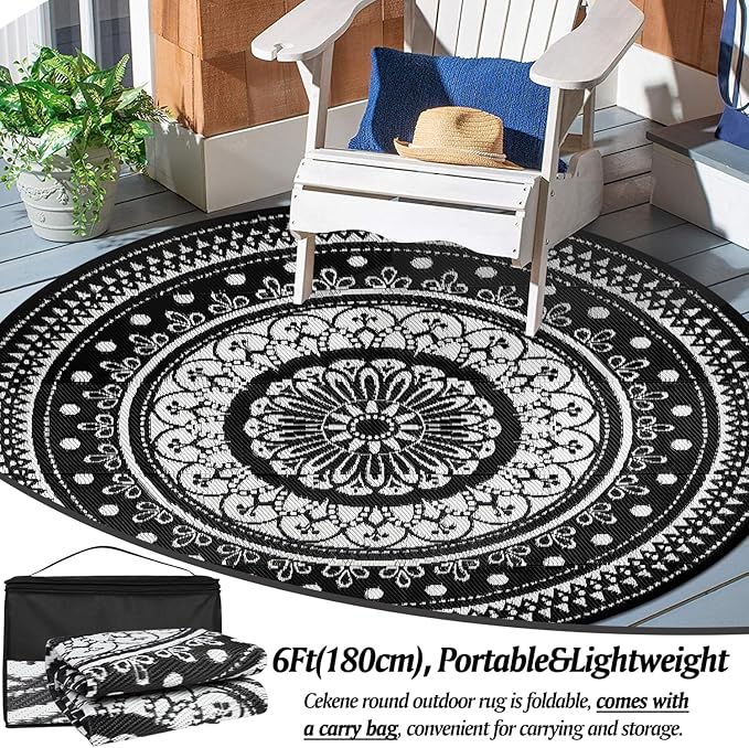 Cekene Reversible Outdoor Rugs 6Ft Round Patio Rugs Lightweight Plastic Straw Rug Waterproof RV Camping Mat Portable Area Rug for Patio Deck Porch Picnic Beach BBQ Garden