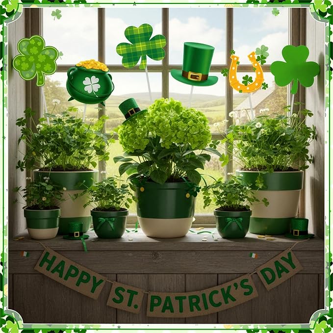 Pickmesh 6 Pcs 12" H St. Patrick's Day Yard Sign Shamrock Metal Yard Sign Irish Barn Garden Stake for Planter Pot Walkway Pathway Saint Patricks Outdoor Decor Lawn Decoration
