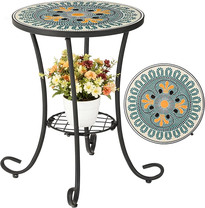 Side Table Outdoor, Mosaic Patio Table with Planter Stand, 22" H Iron Coffee End Table, Weather-Resistant Tile Top Metal Drink Bar Table for Indoor Garden Balcony Yard Bistro