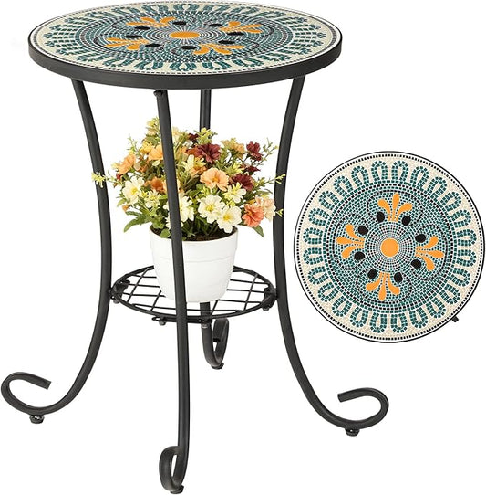 Side Table Outdoor, Mosaic Patio Table with Planter Stand, 22" H Iron Coffee End Table, Weather-Resistant Tile Top Metal Drink Bar Table for Indoor Garden Balcony Yard Bistro