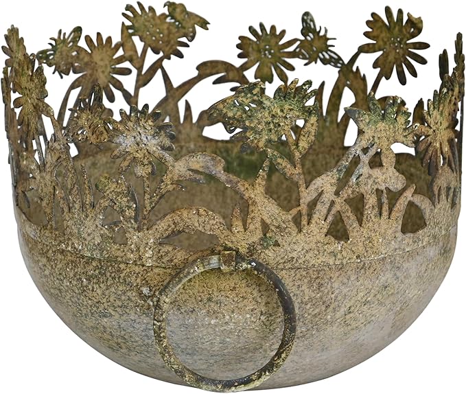 3-Piece Vintage Metal Floral Cutout Planter Set, Rustic Garden Flower Pots for Indoor Outdoor Decor, Distressed Bronze Planters with Handles