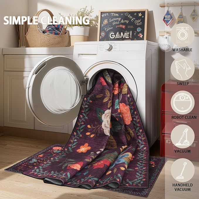 Area Rugs 10x14 Living Room, Non Slip Machine Washable Floral Rugs, Low Pile Lightweight Large Rug for Bedroom, Dining Room, Home Office(10 x 14, Purple Lawn)